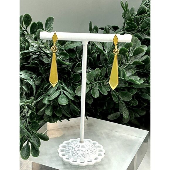 Gold-Tone Geometric Drop Earrings Yellow Enamel Finish Sleek Tapered Design L - Picture 4 of 6